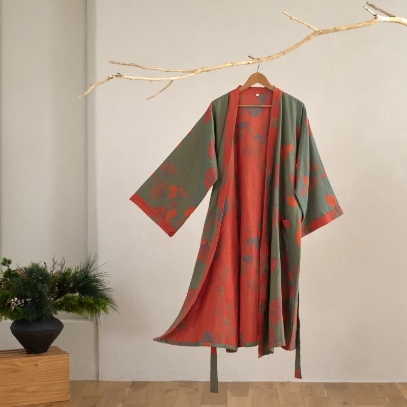 KIMORAE Reversible Cotton Bathrobe in Kimono Style for All-Season Comfort