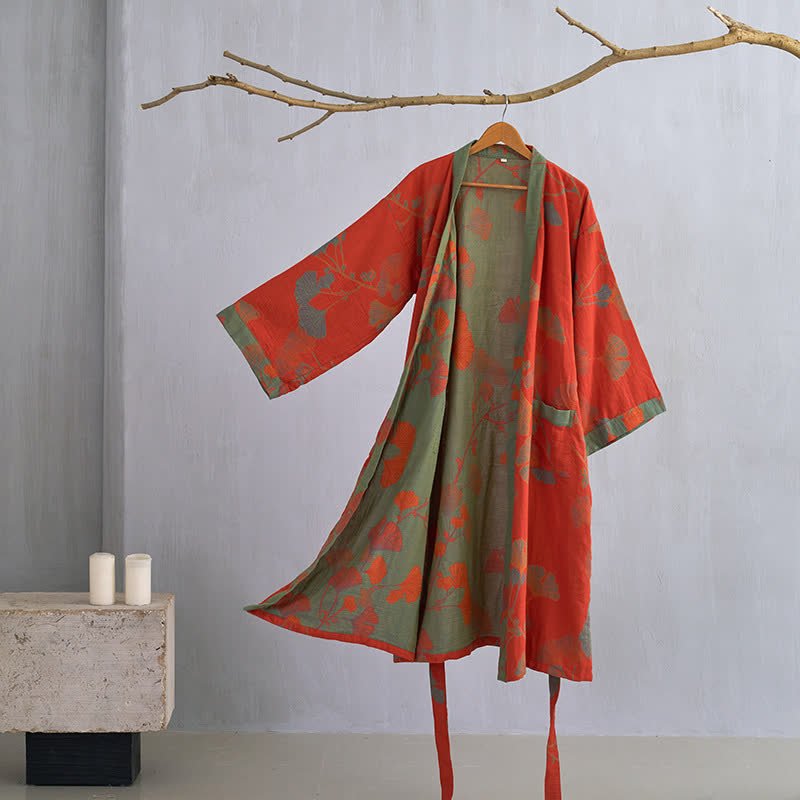 KIMORAE Reversible Cotton Bathrobe in Kimono Style for All-Season Comfort