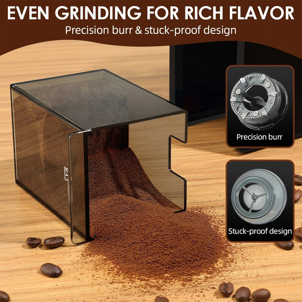 Mlýnek na kávu s 28 nastaveními mletí a plochými kameny pro espresso a french press