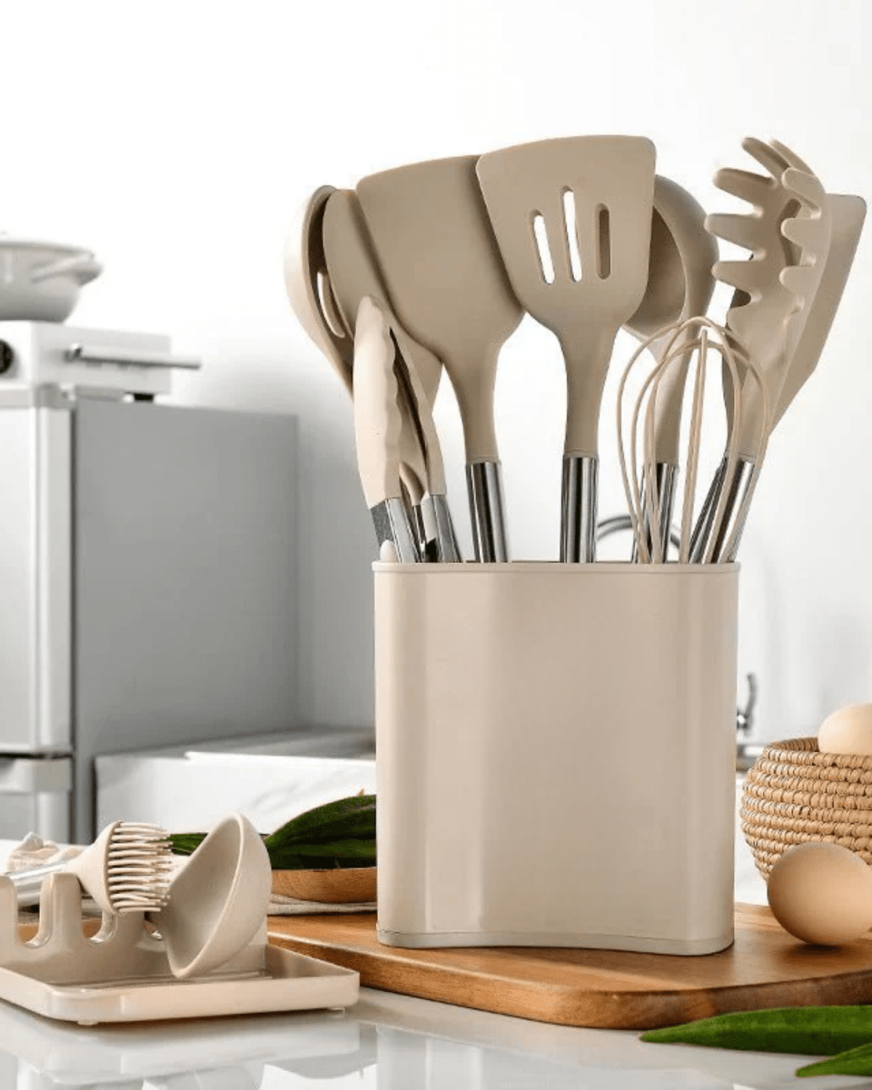 Kitchenora Utensil Set With Silicone Heads And Wood-Style Handles