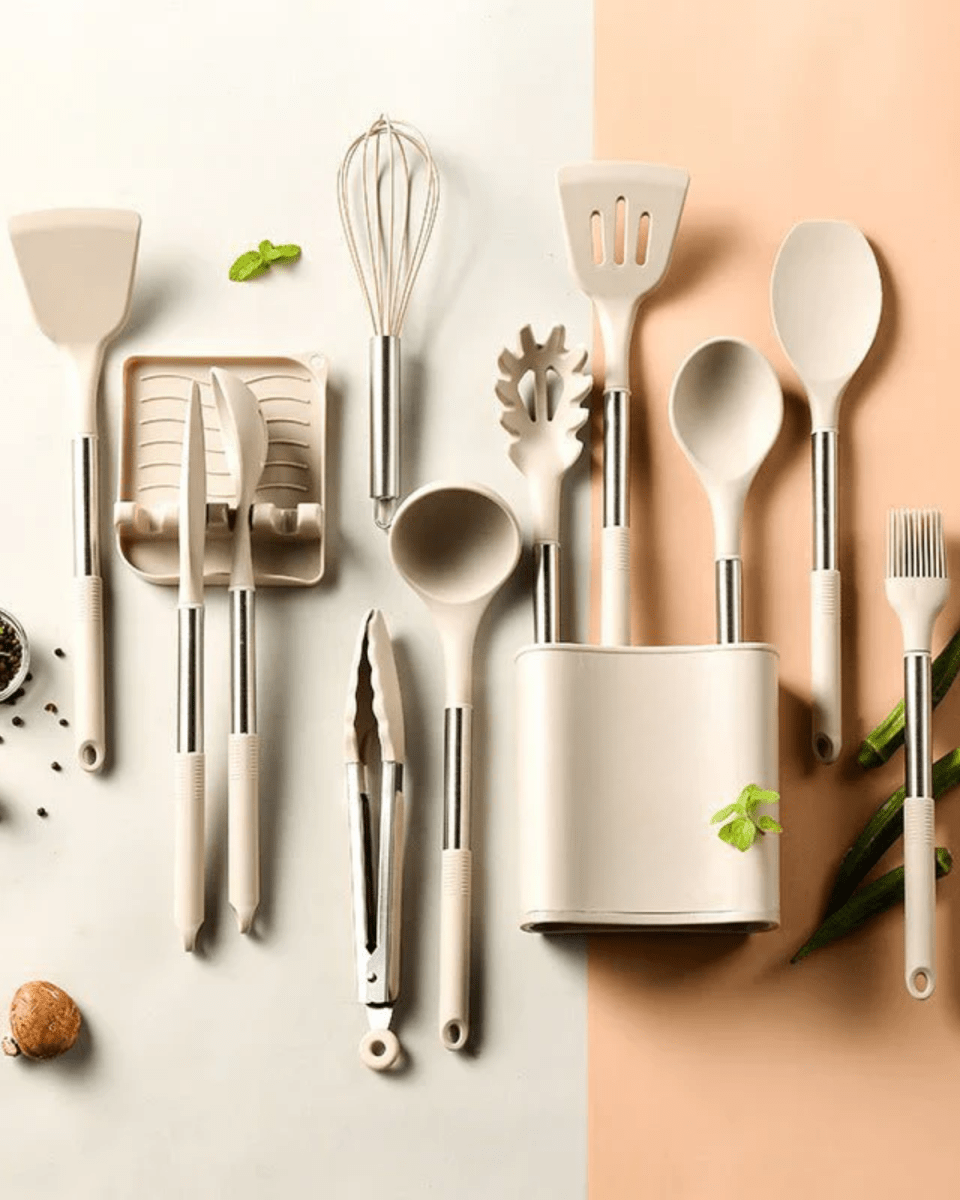 Kitchenora Utensil Set With Silicone Heads And Wood-Style Handles