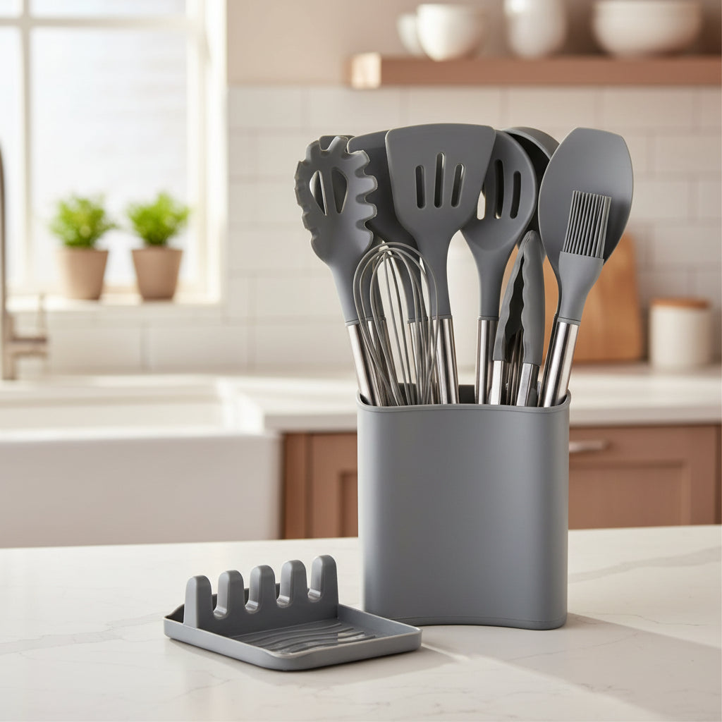 Kitchenora Utensil Set With Silicone Heads And Wood-Style Handles
