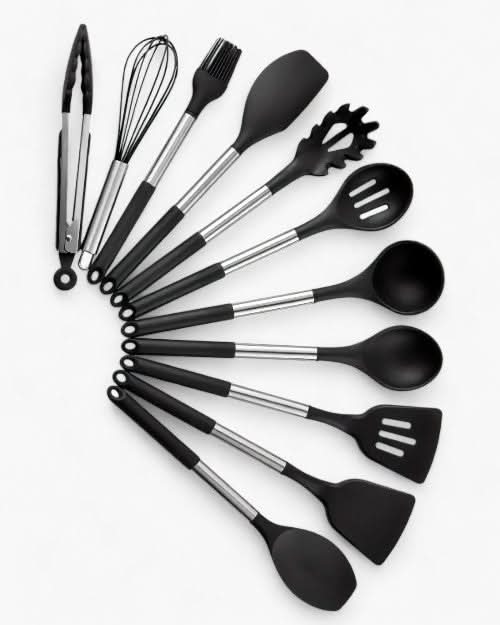 Kitchenora Utensil Set With Silicone Heads And Wood-Style Handles