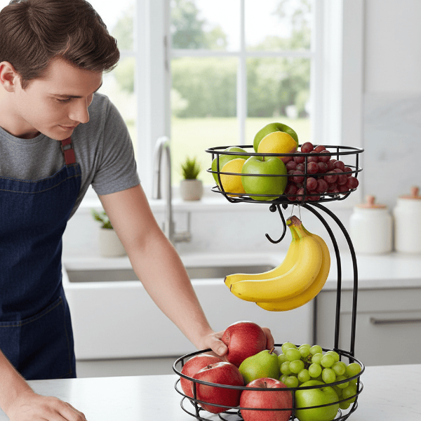 Kitchenova Fruit Haven Suporte para Bananas Cesto de Frutas Metálico de 2 Níveis