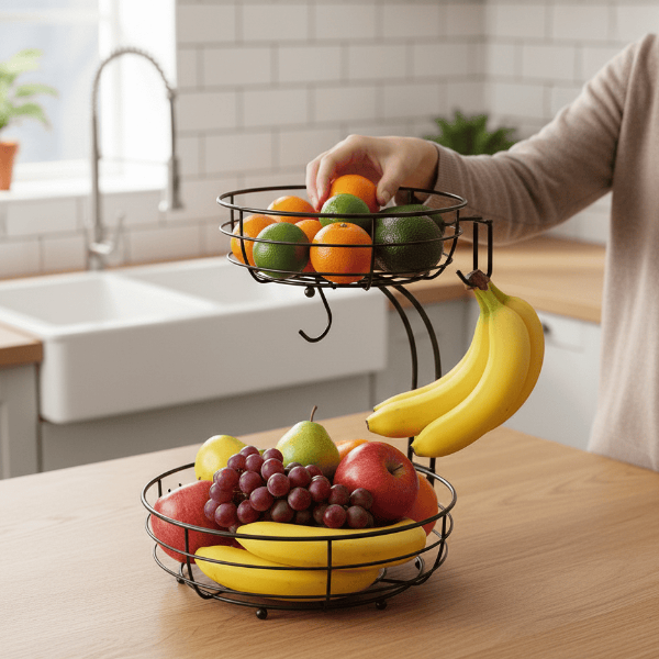 Kitchenova Fruit Haven Suporte para Bananas Cesto de Frutas Metálico de 2 Níveis