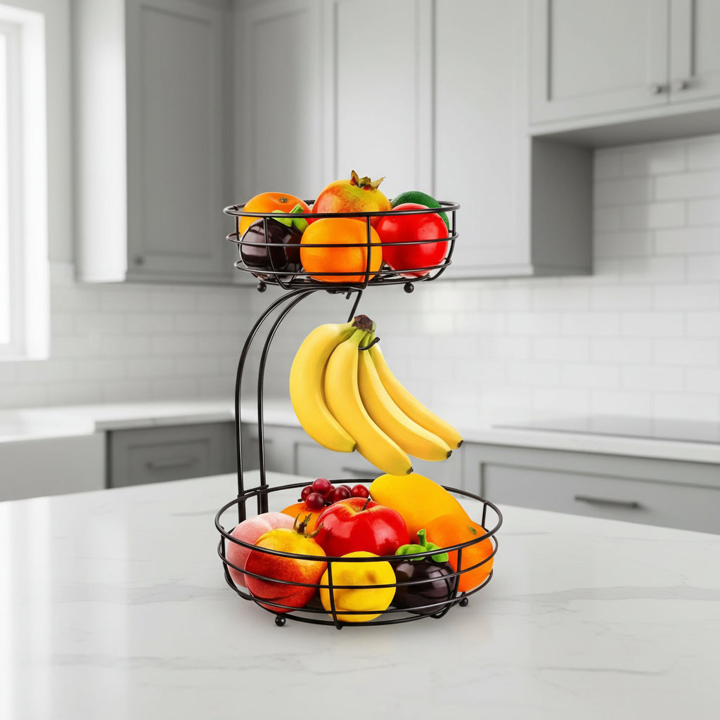 Kitchenova Fruit Haven Suporte para Bananas Cesto de Frutas Metálico de 2 Níveis