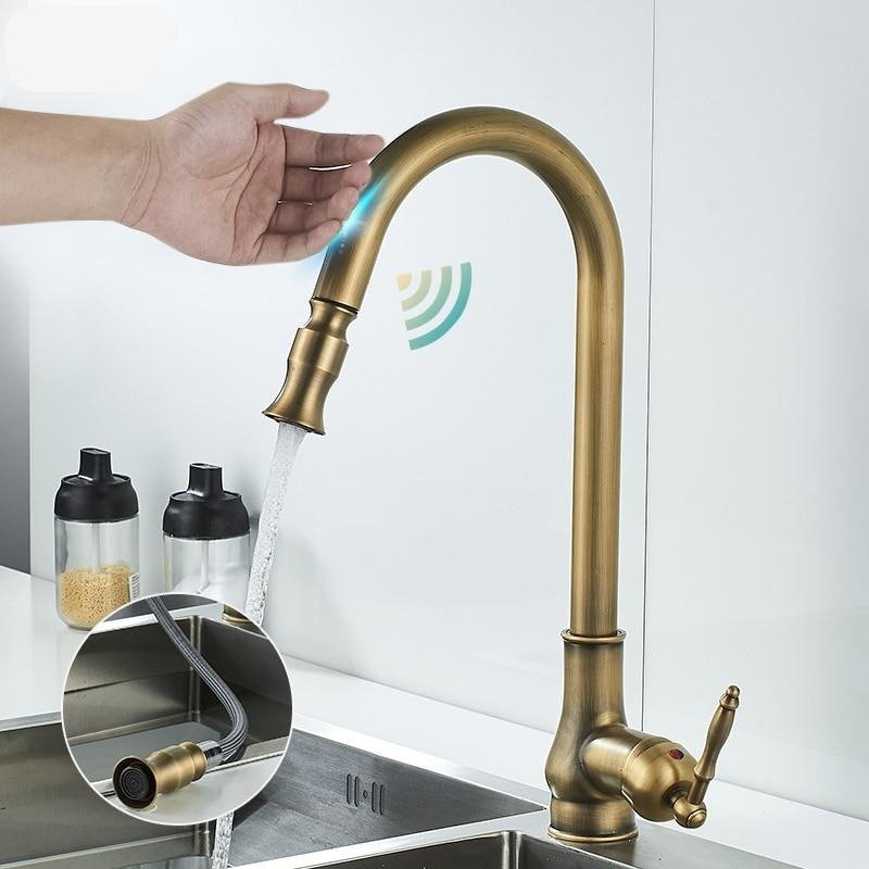 Kitchflow antiek bronzen uittrekbare keukenkraan met sensortouch