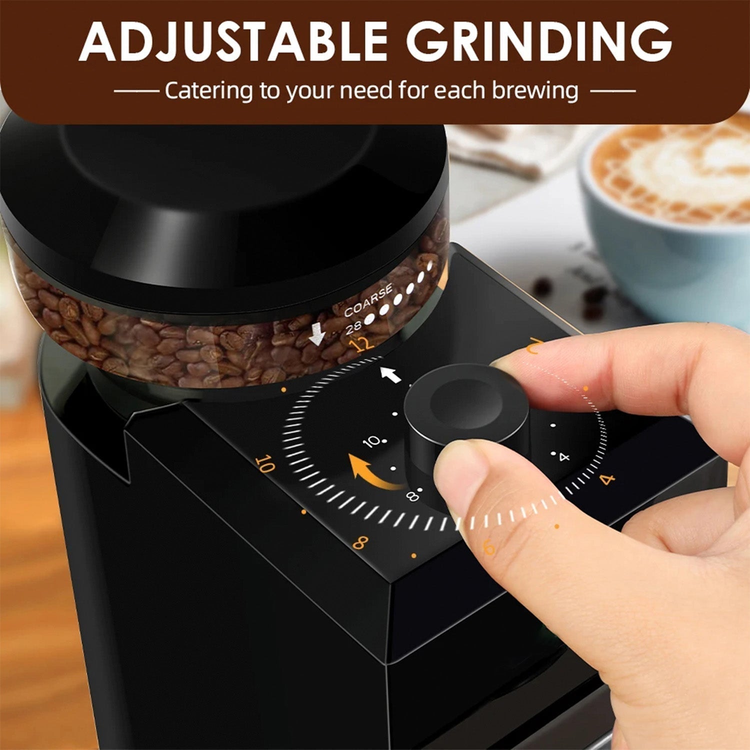 Mlýnek na kávu s 28 nastaveními mletí a plochými kameny pro espresso a french press