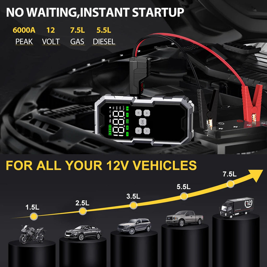 6000A Startbooster og dekkpumpe, 21800mAh, 150 PSI, 2,7 tommers LCD-skjerm