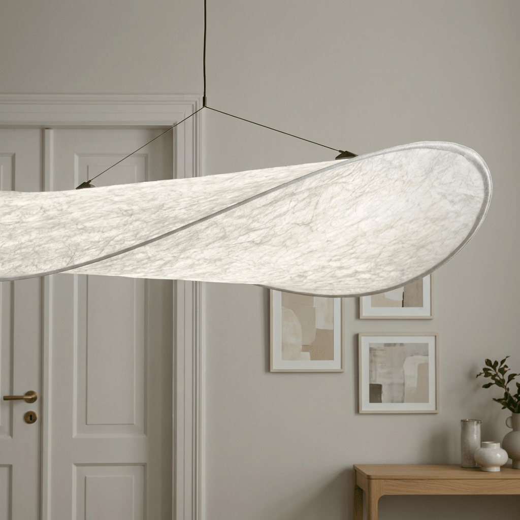LED takpendellampe med silkeskjerm og metallramme for spisestue og stue