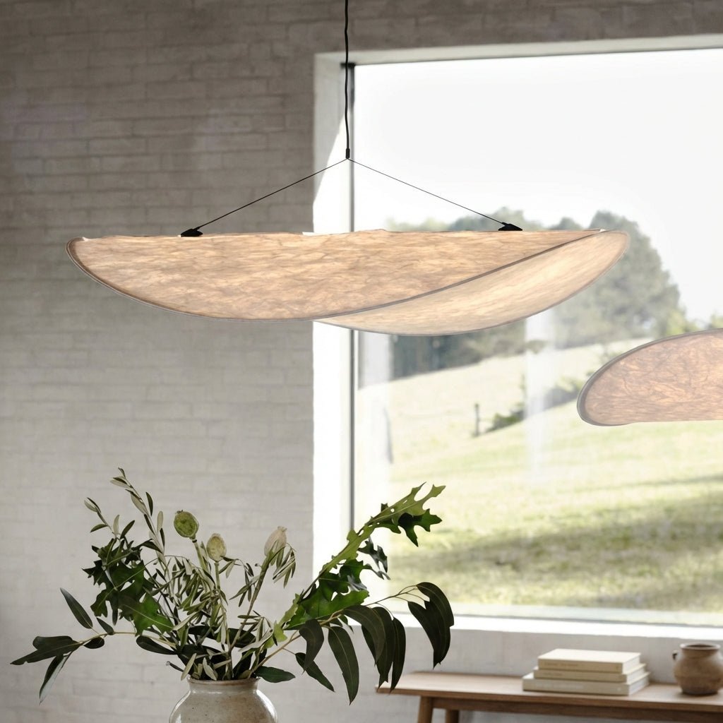 LED takpendellampe med silkeskjerm og metallramme for spisestue og stue