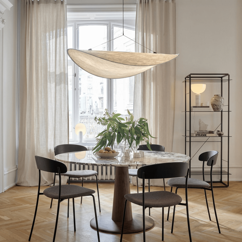 LED takpendellampe med silkeskjerm og metallramme for spisestue og stue