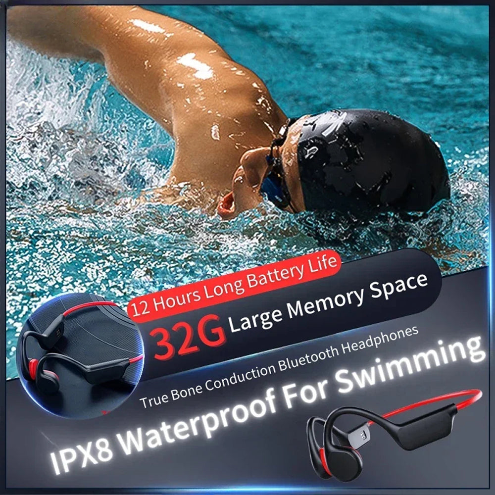 Kemik İletimli Yüzme Kulaklıkları, IPX8 Su Geçirmez, 32GB, 12 Saat Pil, MP3 Bluetooth