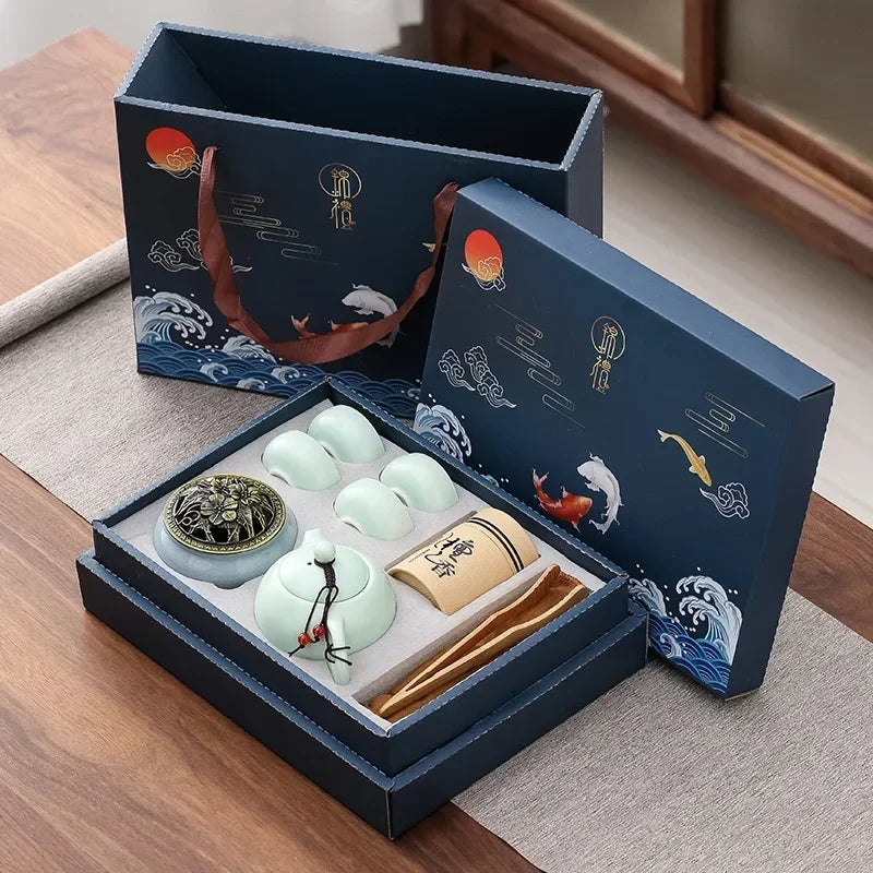 Elegant Teaset With Teapot Four Cups And Incense Holder