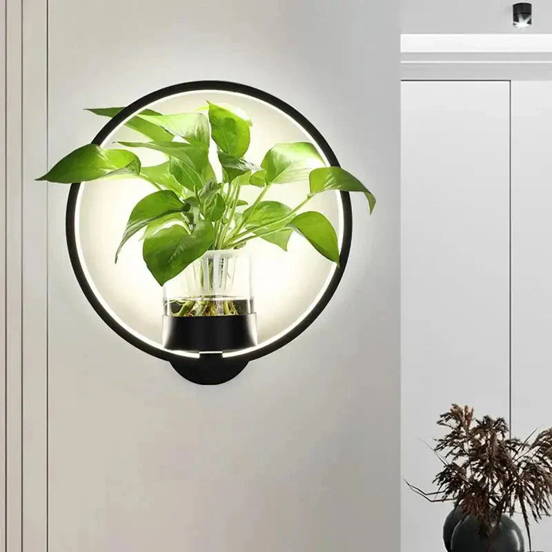 LED Plant Wall Light With Glass Vase And Warm Backlight, Metal Frame