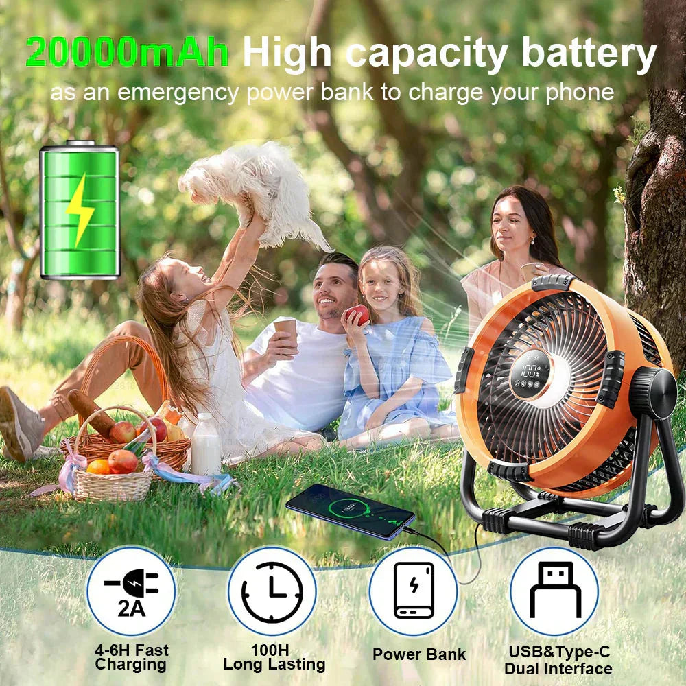 20.000mAh LED Işıklı Kamp Vantilatörü, 4 Hız ve 360 Derece Döner