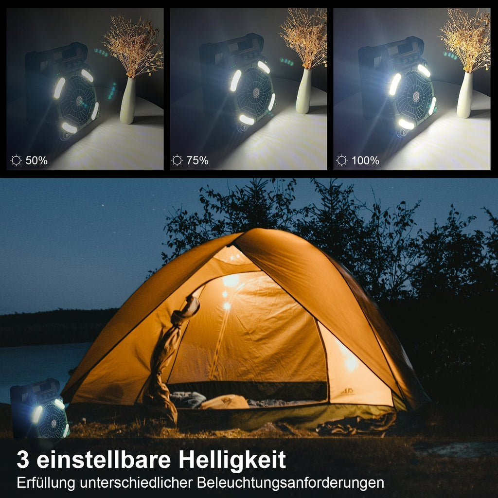 Solární ventilátor na kempování s LED osvětlením a powerbankou, čtyři rychlosti