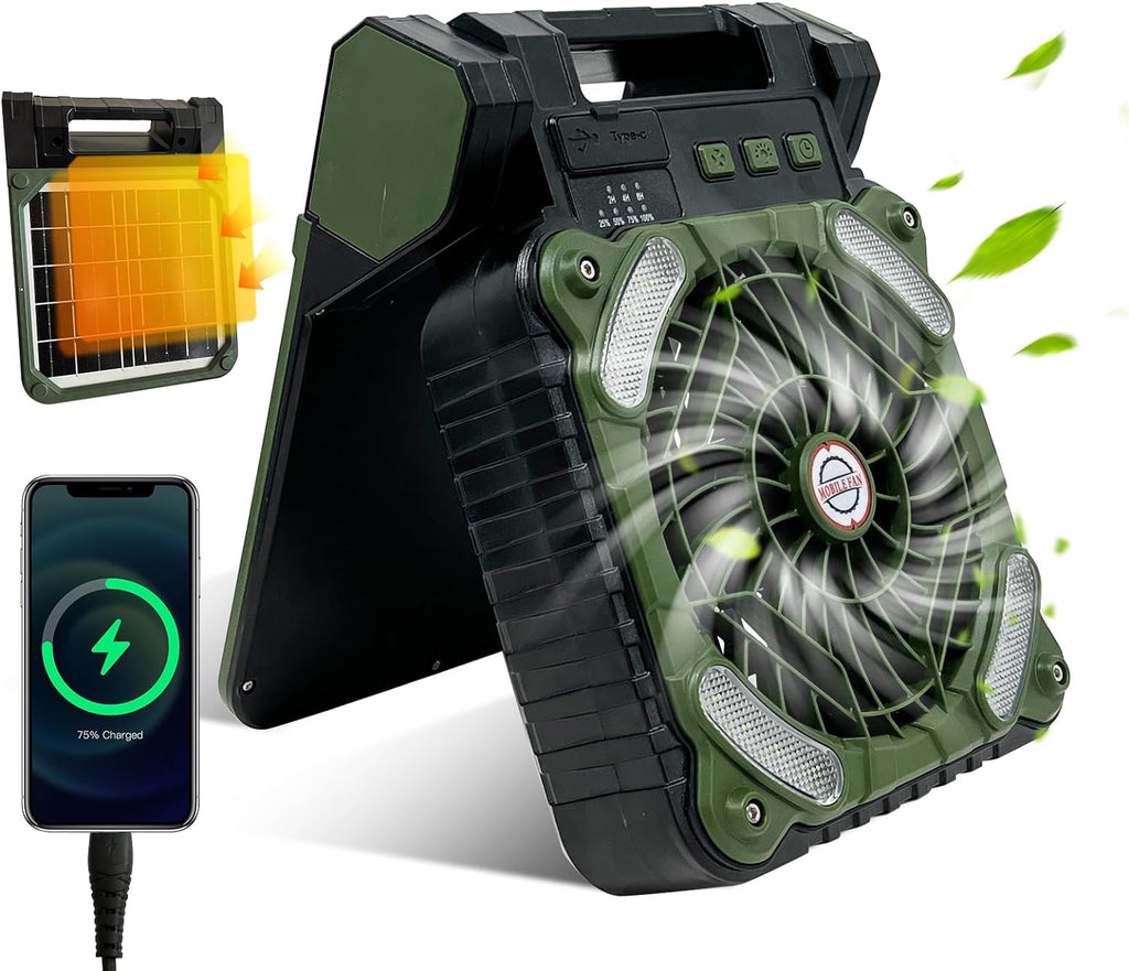 Solární ventilátor na kempování s LED osvětlením a powerbankou, čtyři rychlosti