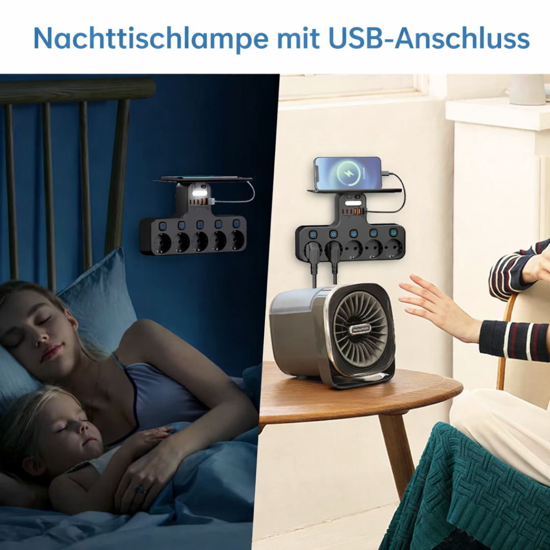 Väggmonterad grenuttag med nattlampa och USB-portar, 5 individuella strömbrytare