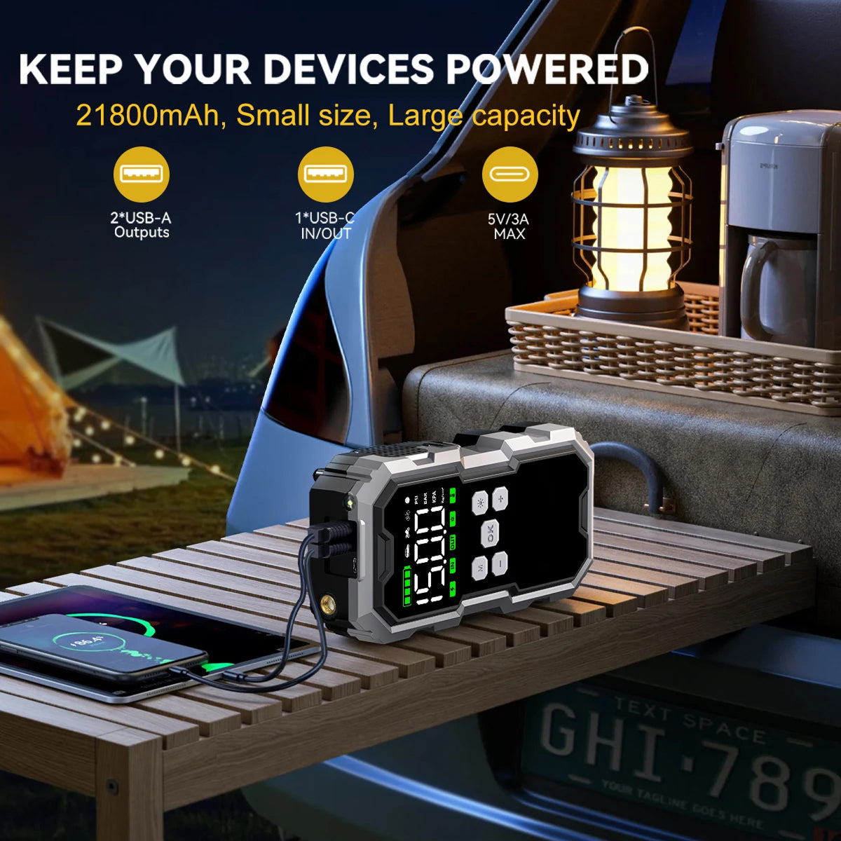 6000A Startbooster og dekkpumpe, 21800mAh, 150 PSI, 2,7 tommers LCD-skjerm
