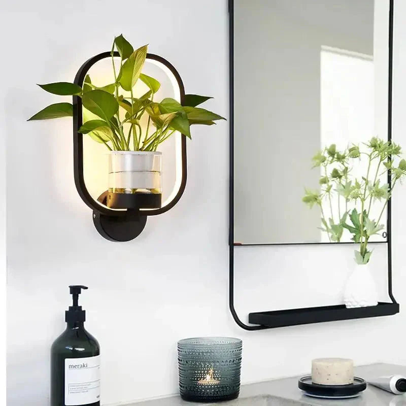 LED Plant Wall Light With Glass Vase And Warm Backlight, Metal Frame