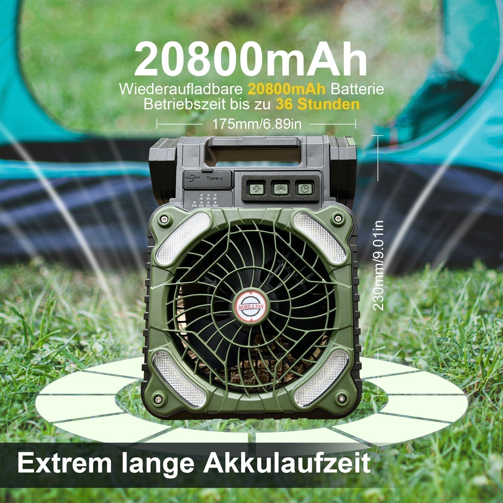 Solární ventilátor na kempování s LED osvětlením a powerbankou, čtyři rychlosti