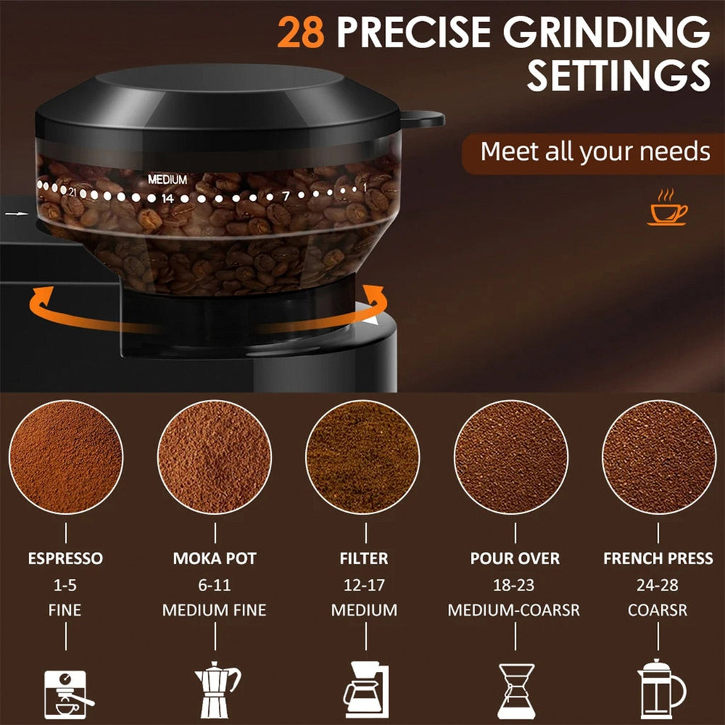 Mlýnek na kávu s 28 nastaveními mletí a plochými kameny pro espresso a french press