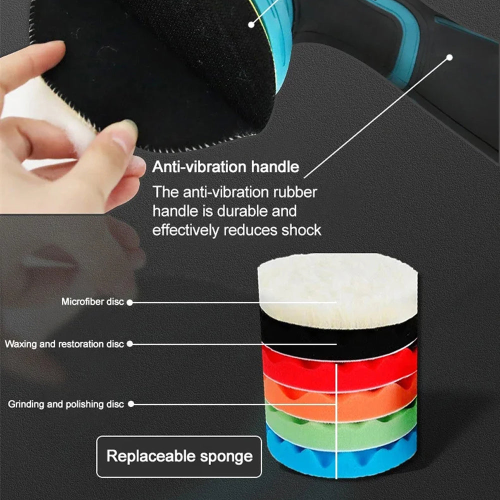 Lucidatrice per auto cordless con doppia azione e trasmissione orbitale, 8 velocità, batteria 12V