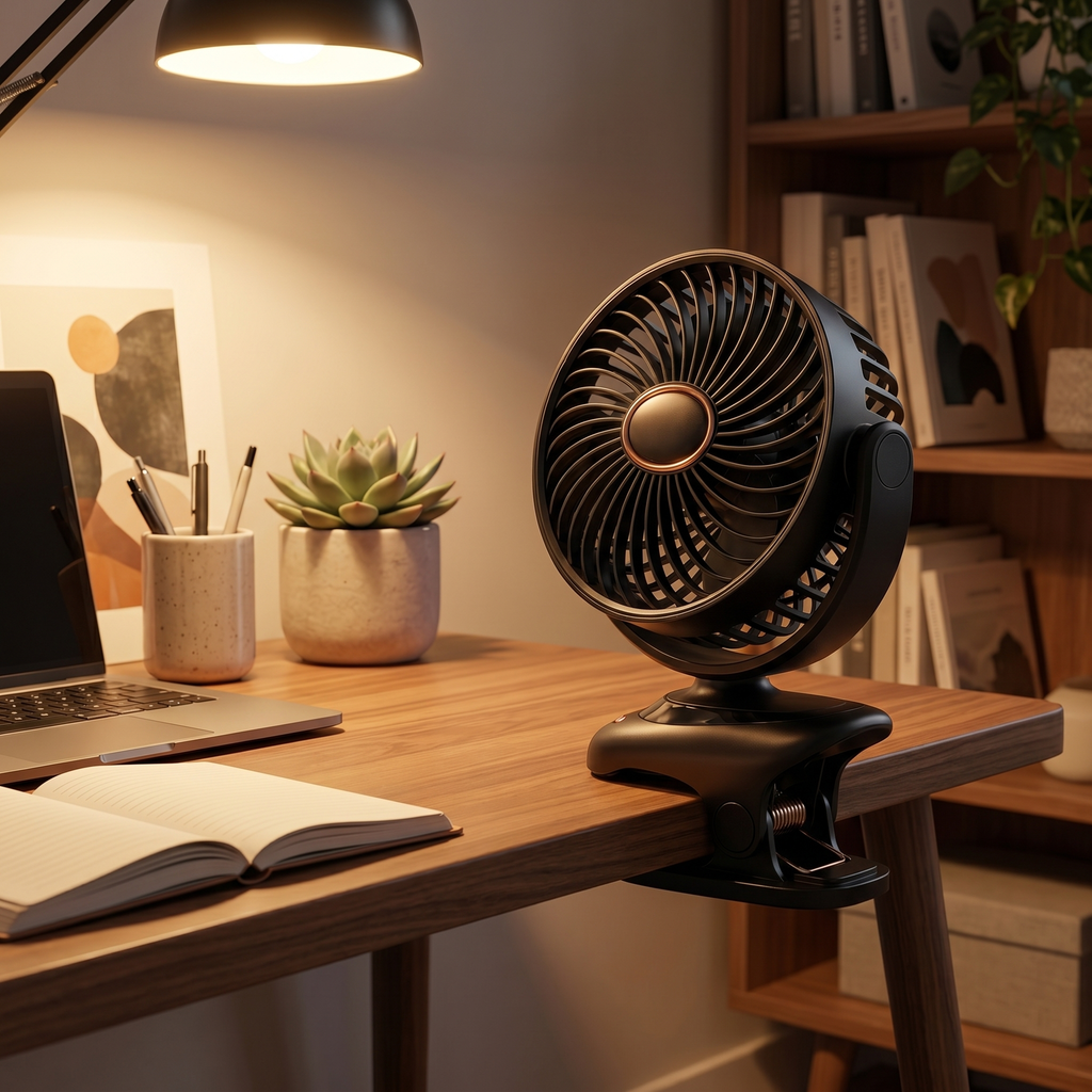 Dobíjecí ventilátor na klip s LED displejem, pěti rychlostmi, bezkartáčovým motorem