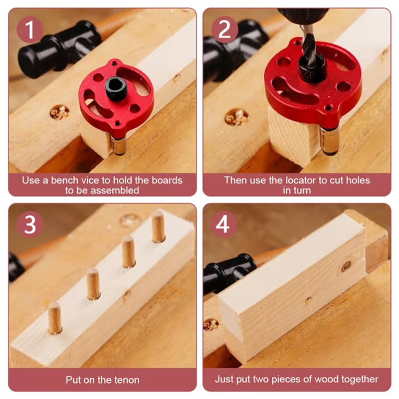 Guide de perçage pour assemblage bois en aluminium avec trous auto-centreurs