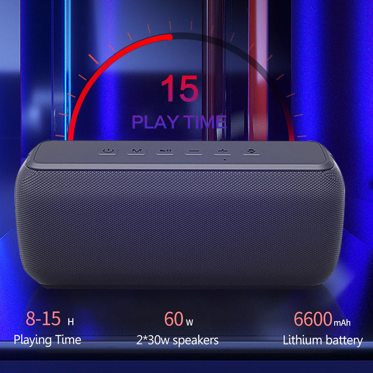 Venkovní reproduktor do každého počasí, 60W, 6600mAh, 15 hodin přehrávání, vodotěsný IPX5, TWS párování