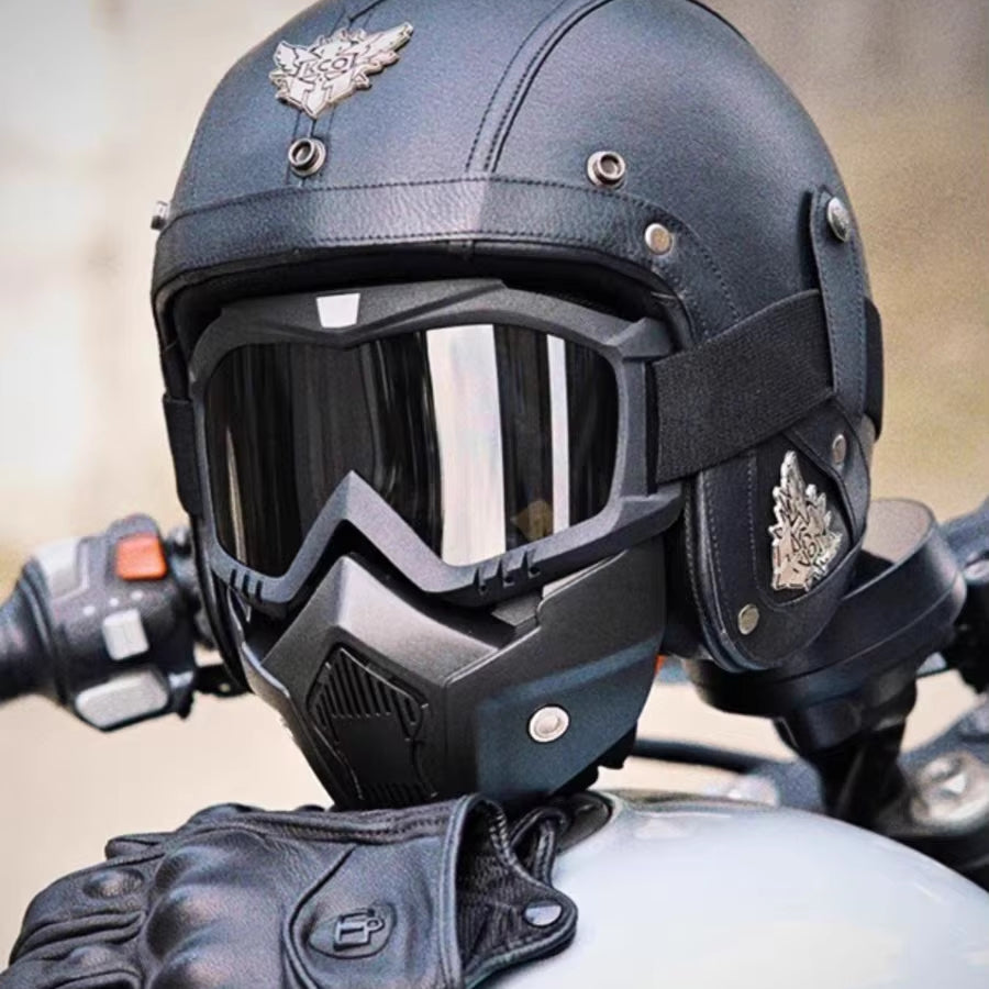 Retro åbent vintage motorcykelhjelm med gogglemaske