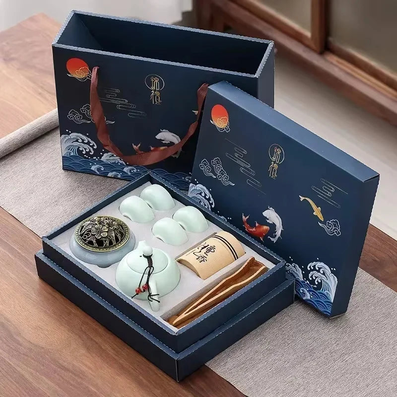 Elegant Teaset With Teapot Four Cups And Incense Holder