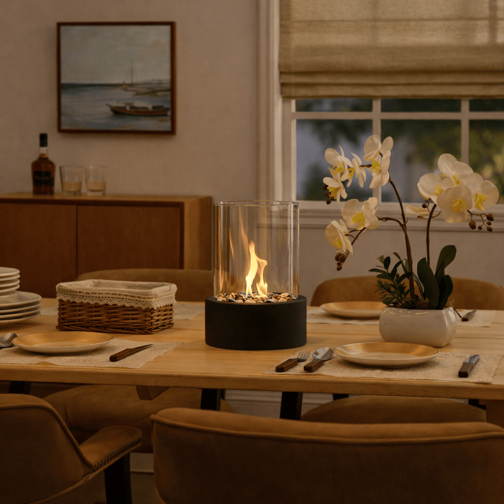Asztali hordozható tűzrakó beltéri és kültéri etanol fűtéshez, bioüzemanyag lánggal