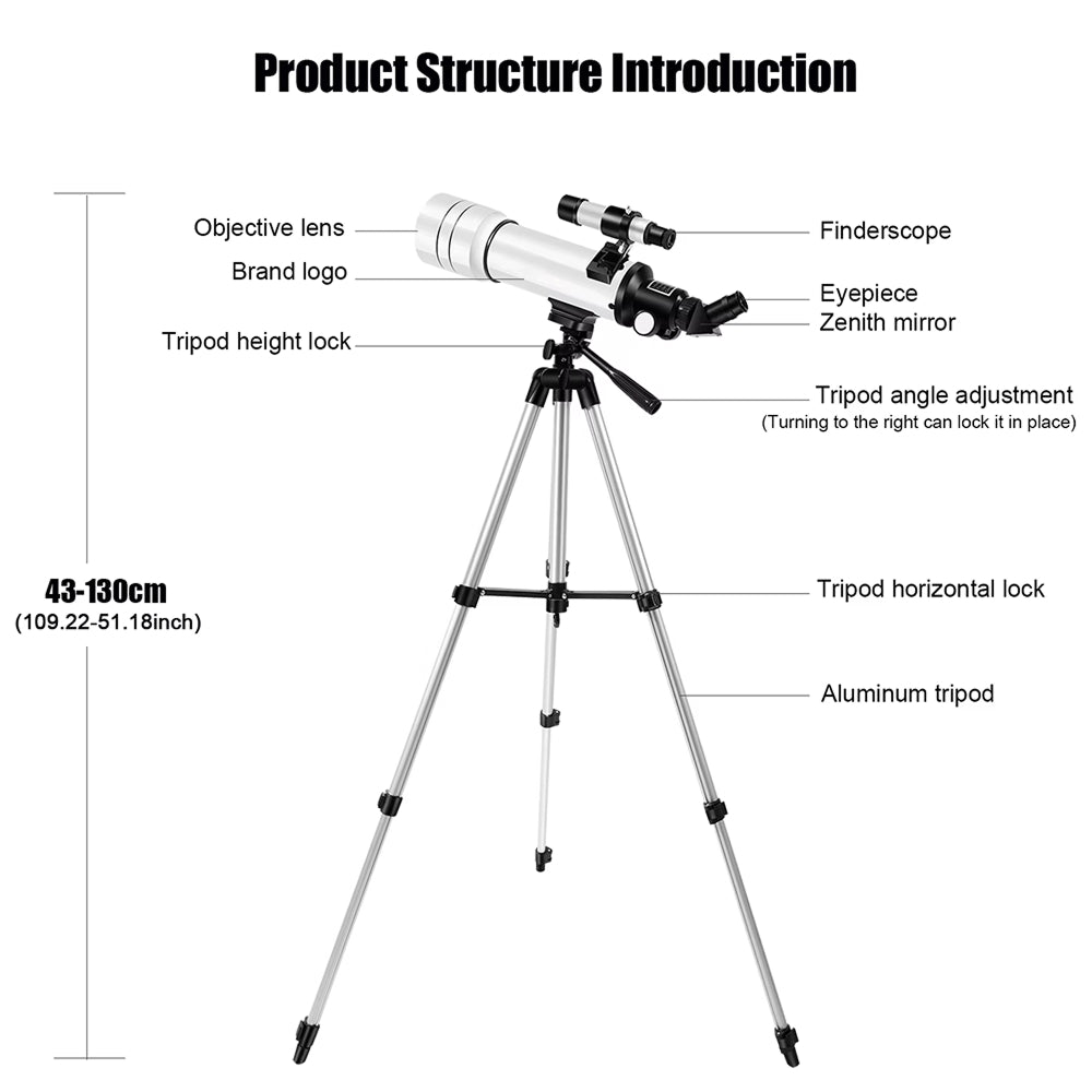 Dětský astronomický dalekohled, průměr objektivu 70 mm, 6násobné zvětšení, Barlow čočka, adaptér na telefon