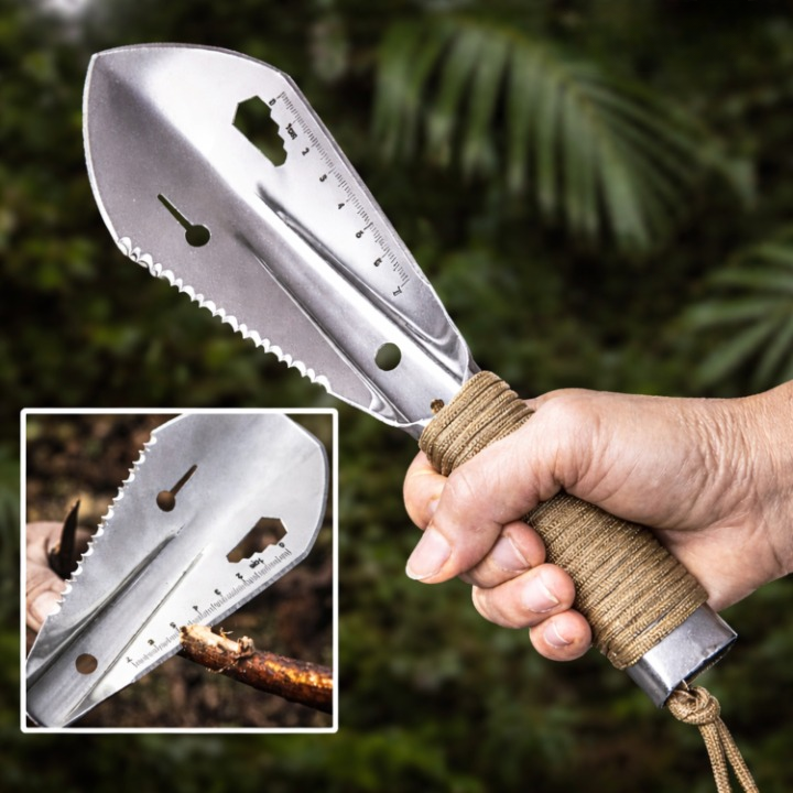 Compact Garden Shovel With Hardened Steel And Serrated Edge For Multiple Tasks