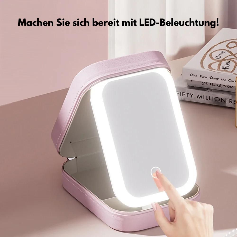Kosmetické pouzdro se zrcadlem a LED osvětlením připravené na cesty s profesionálním světlem