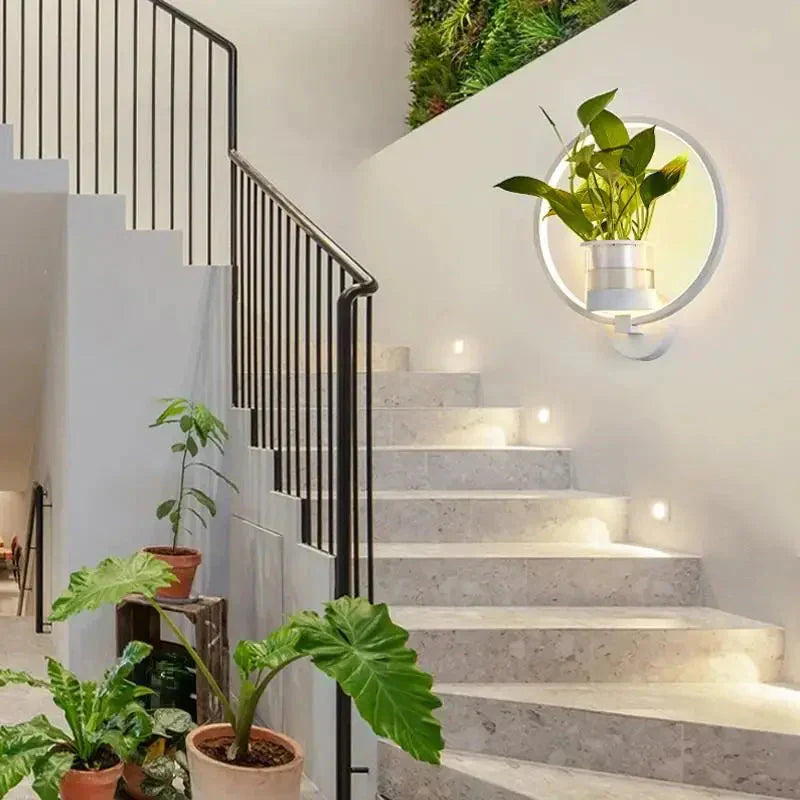 LED Plant Wall Light With Glass Vase And Warm Backlight, Metal Frame