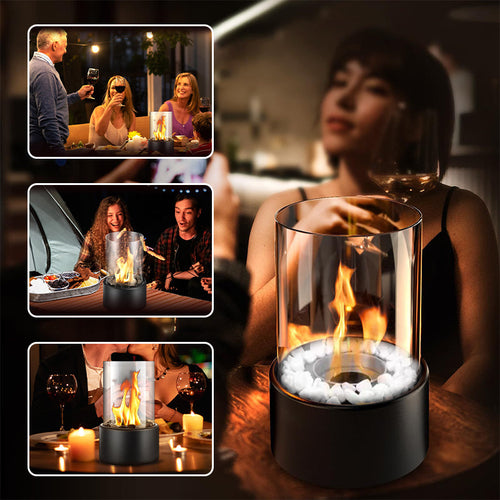 Bioethanol Tabletop Fireplace With Glass Cylinder, Portable Indoor Or Outdoor Use