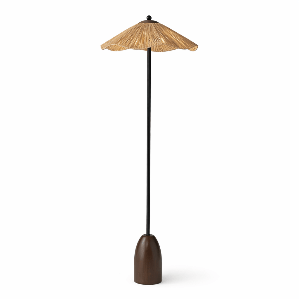Rattan állólámpa kézzel szőtt raffia búrával és tömörfa talppal