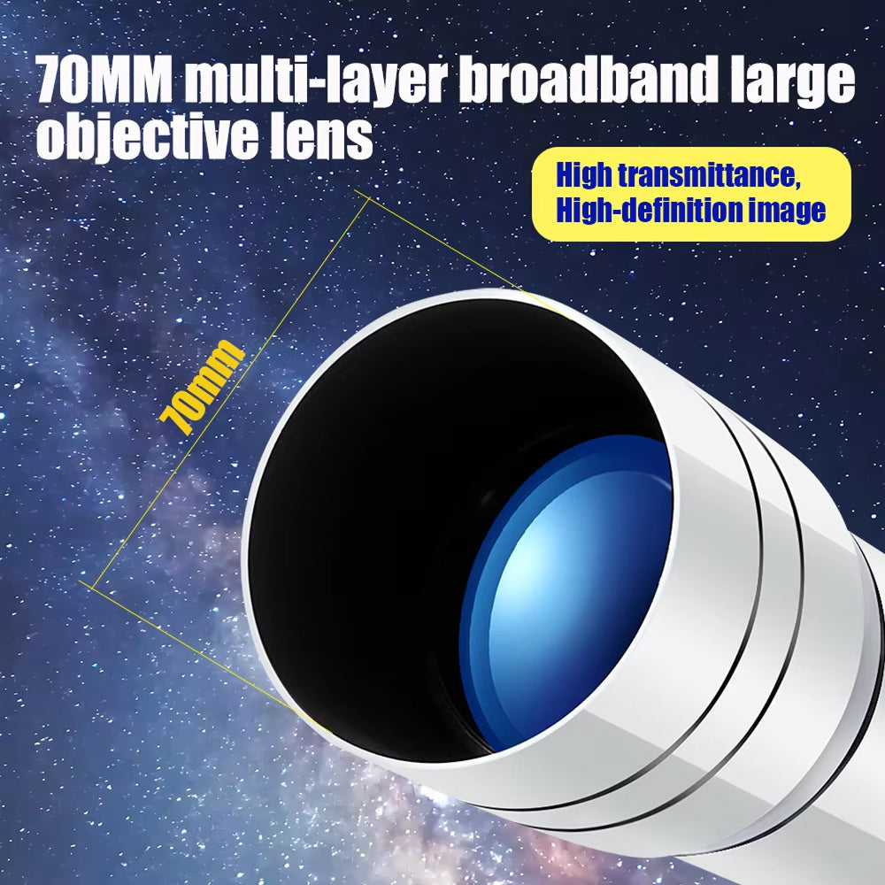 Dětský astronomický dalekohled, průměr objektivu 70 mm, 6násobné zvětšení, Barlow čočka, adaptér na telefon