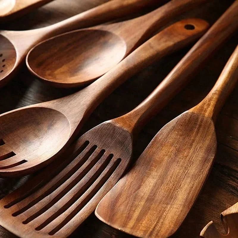 Naturlig teak kjøkkenredskapssett, ripefritt, elegant for hjemme-kokker