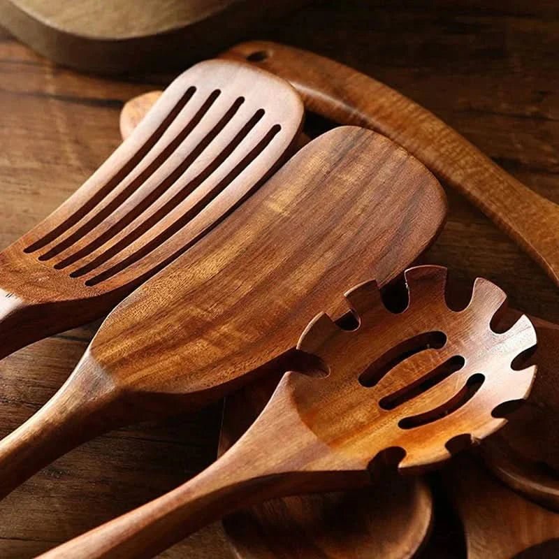 Naturlig teak kjøkkenredskapssett, ripefritt, elegant for hjemme-kokker