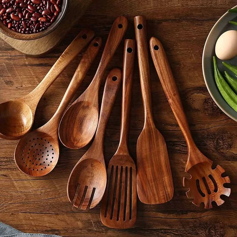 Naturlig teak kjøkkenredskapssett, ripefritt, elegant for hjemme-kokker