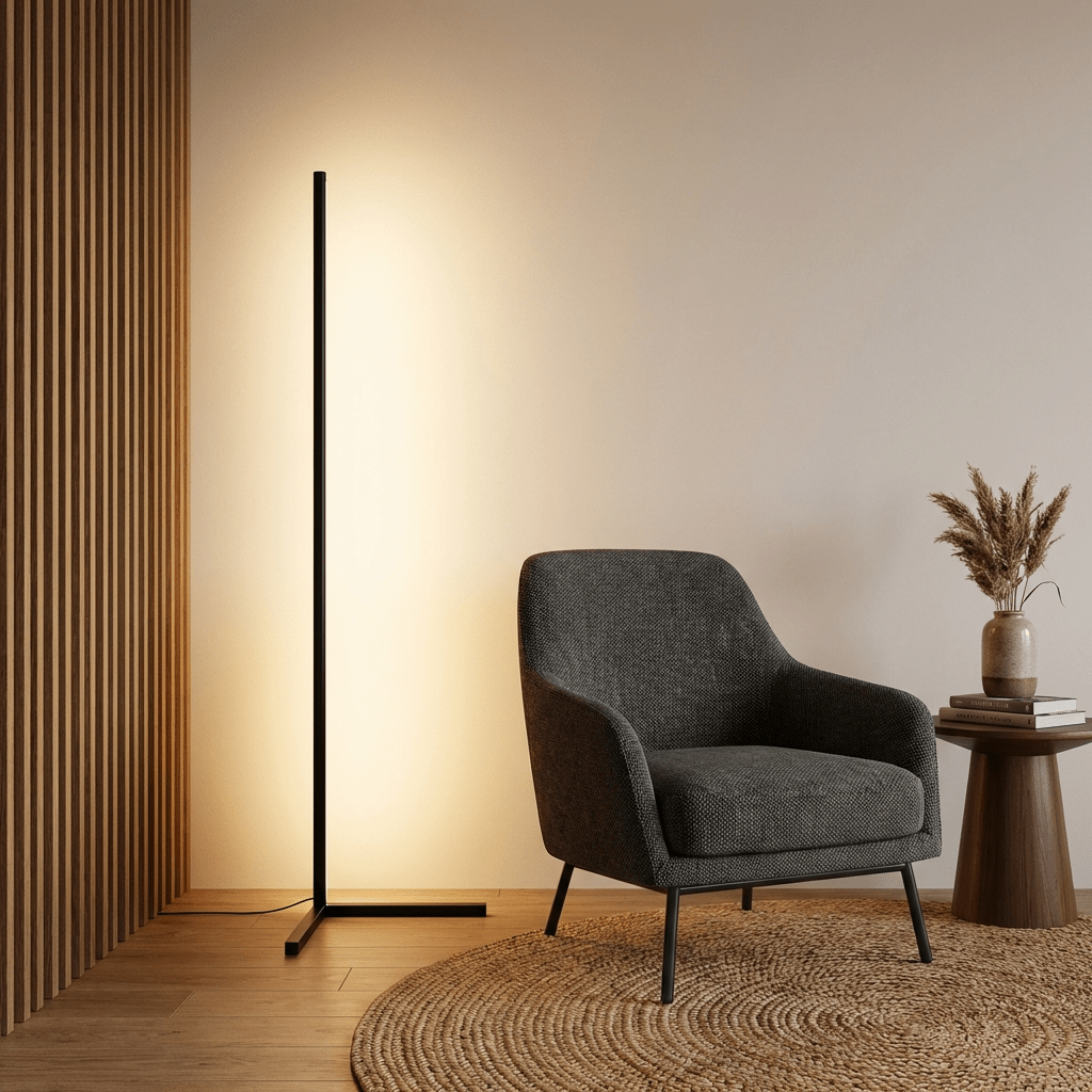 Hjørne LED Gulvlampe Med RGB Og Dimmbar Opp Ned Belysning Minimalistisk 142cm