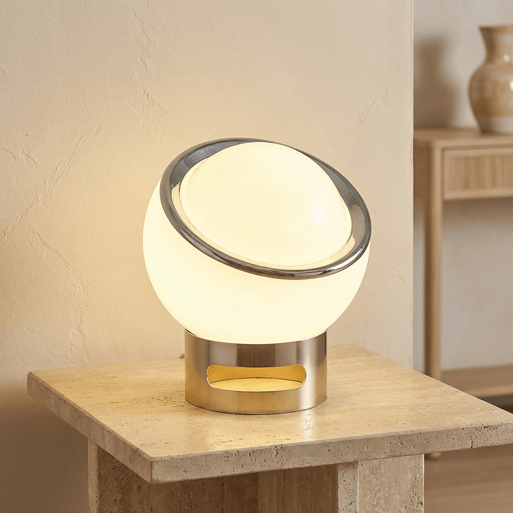 Lampe de table LED en verre opale avec base en acier inoxydable pour chambre et salon
