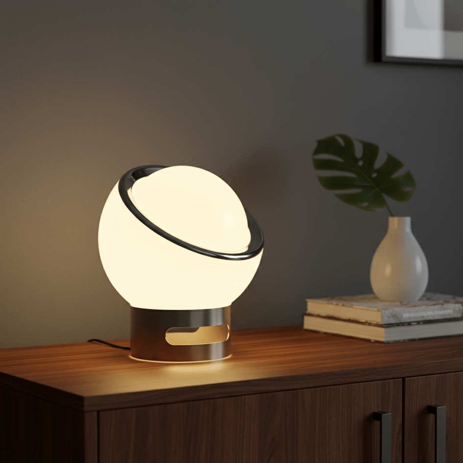 Lampe de table LED en verre opale avec base en acier inoxydable pour chambre et salon