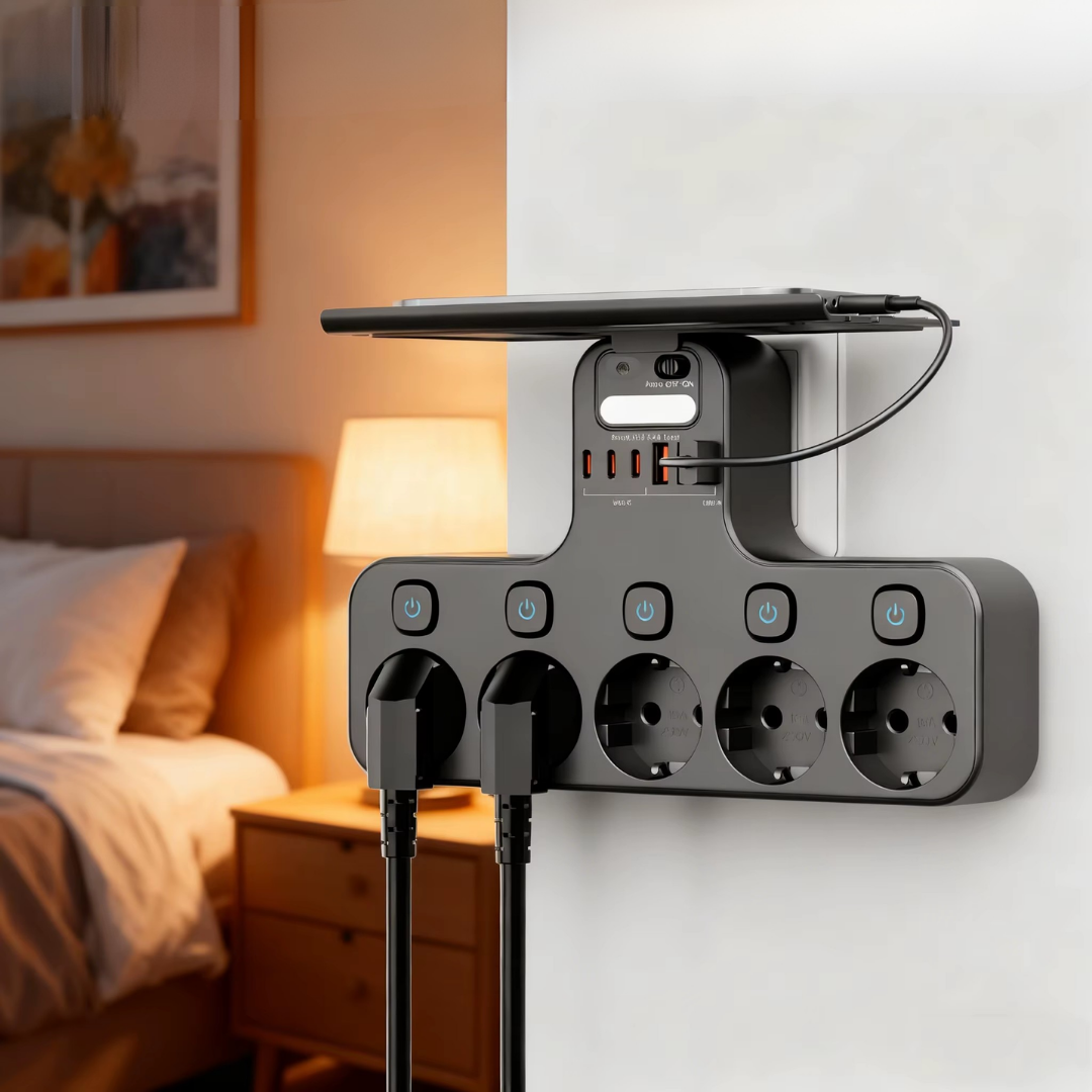 Väggmonterad grenuttag med nattlampa och USB-portar, 5 individuella strömbrytare
