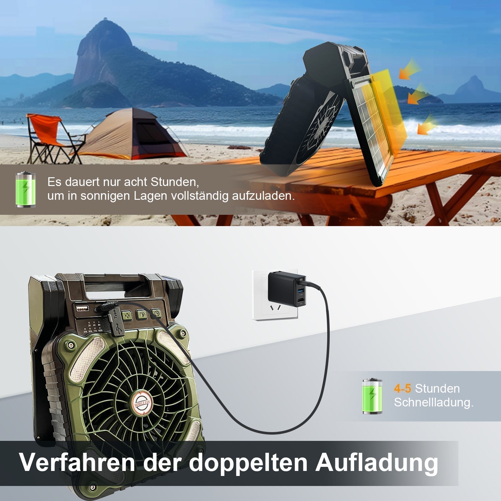 Solární ventilátor na kempování s LED osvětlením a powerbankou, čtyři rychlosti