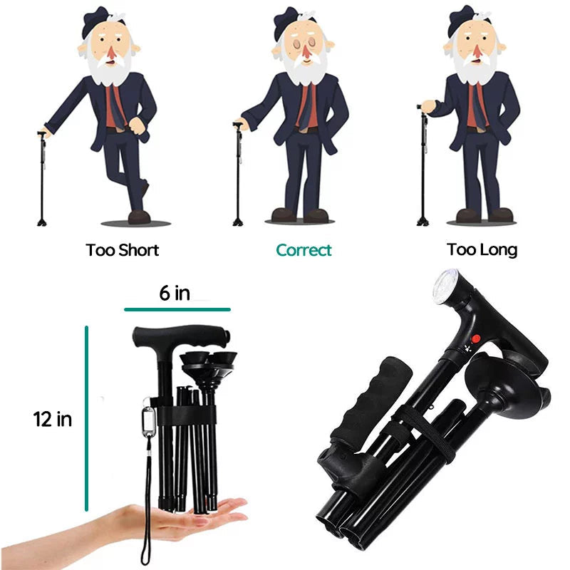 Foldable LED Walking Cane With Adjustable Height And Non Slip Base